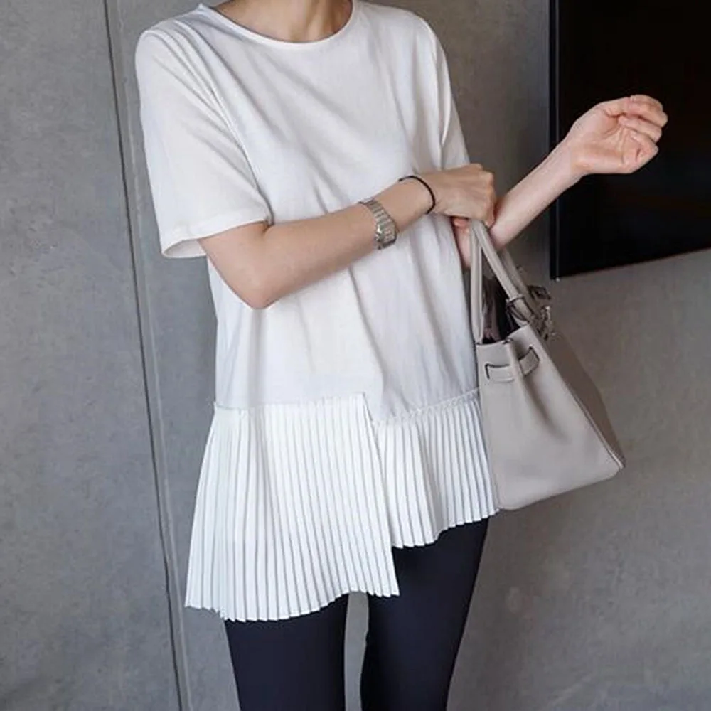 Летняя Корейская женская шикарная футболка белого и черного цвета с коротким