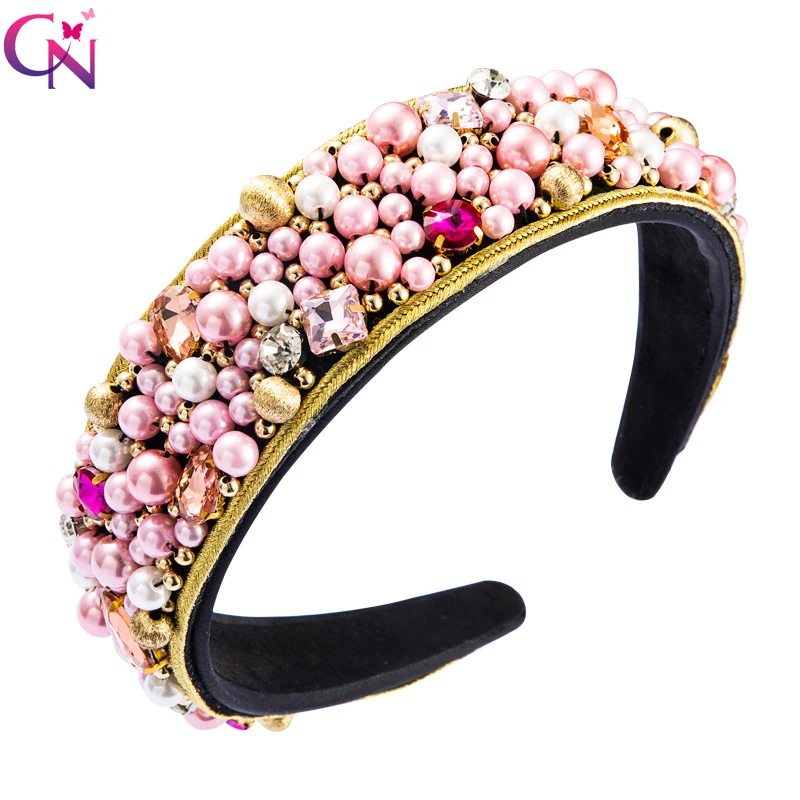 

New Arrival Baroque Colorful Pearls Crystal Headband For Women Fashion Sparly Rhinestone Hairbands Girls Hair Hoop Headwrap