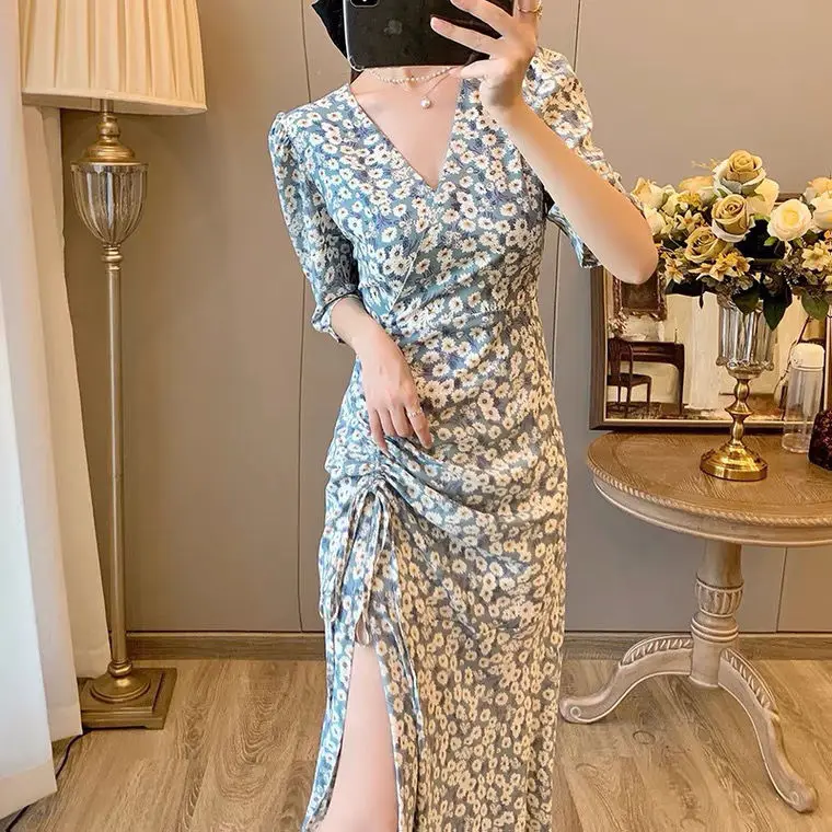 Корейское модное хлопковое женское платье 202O с разрезом элегантные платья на