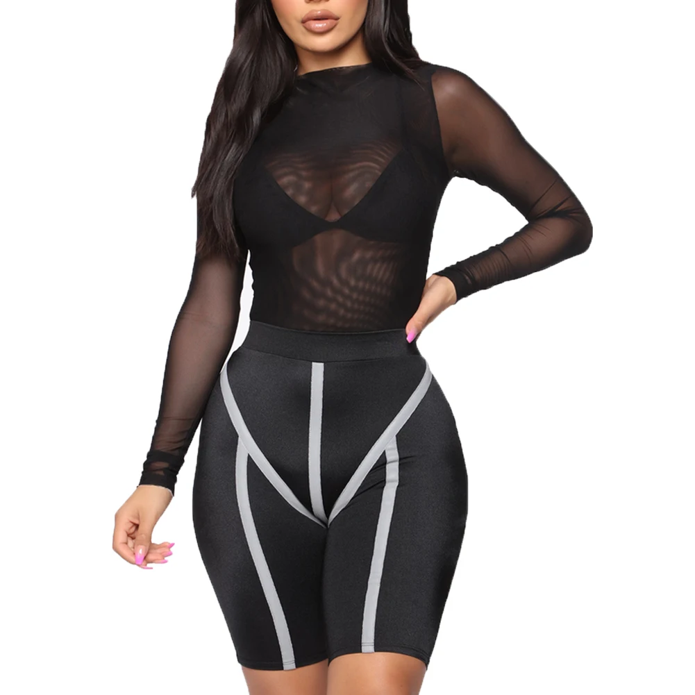 

Women Close-fitting mesh Bodysuits Lady Turtlenck Long Sleeve Tight Romper Jumpsuit Stretch Bodysuit Leotard Top