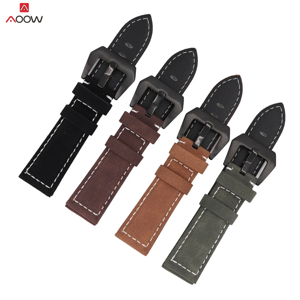 Кожаный ремешок AOOW для мужских и женских часов матовый черный серебристый