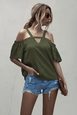 

2020 Summer Sexy Women's Fashion V-Neck Off Shoulder Loose Flared Short Sleeve Solid Color Splicing Women's Shirt Top