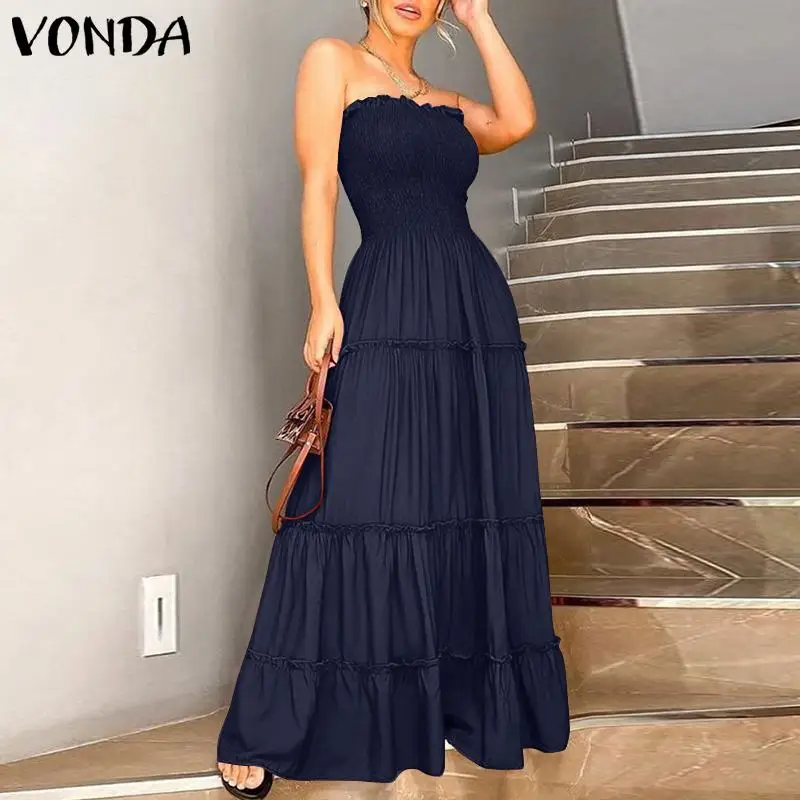 

Women Summer Maxi Dress Vintage Solid Dress 2022 VONDA Elegant Sexy Long Party Dress Robe Femme Bohemian Vestidos