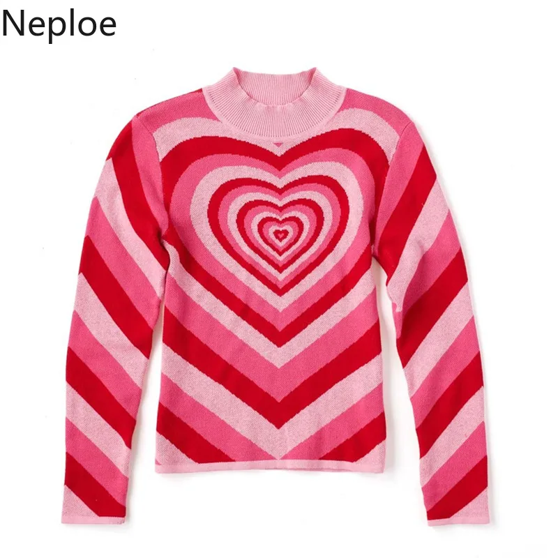 Neploe Love Heart Pattern Sweater Women Color Matching Rainbow Half Turtleneck Pullover Jumper Autumn Slim Knitted 80292 | Женская