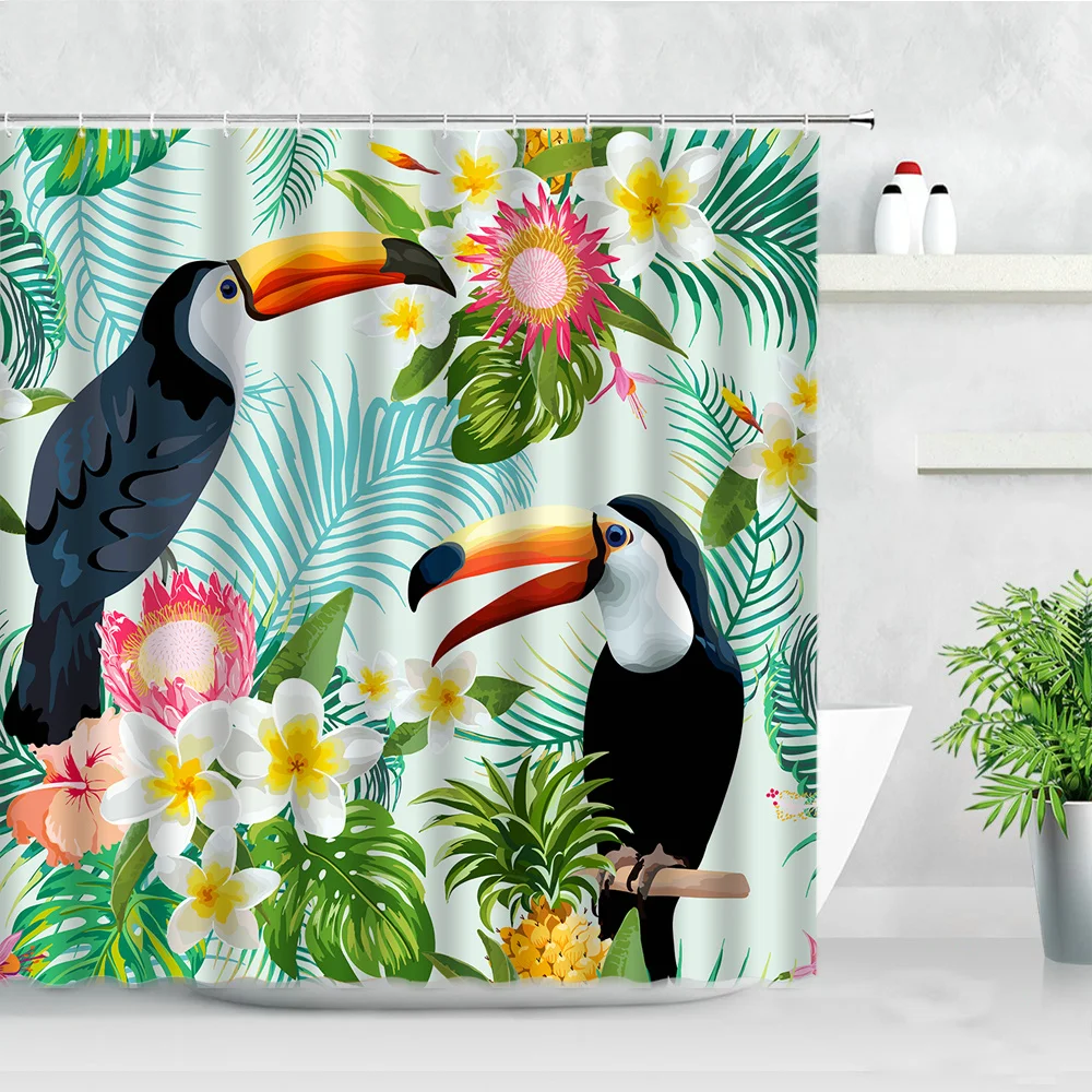 

Занавеска для душа Toucan с зелеными листьями и белыми цветами, водонепроницаемые шторы из полиэстера с рисунком тропических растений, птиц, д...