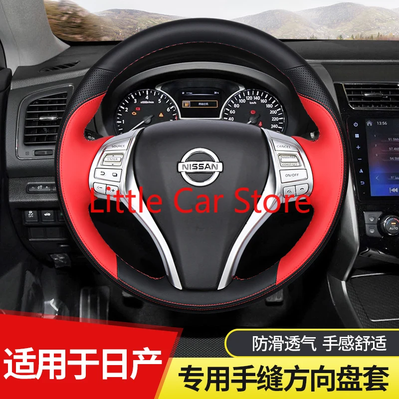 

For Nissan Tiida Qashqai Terra Teana X-Trail 2021 DIY Sew Hand Top Black Leather Steering Wheel Cover Car Interior Accessories