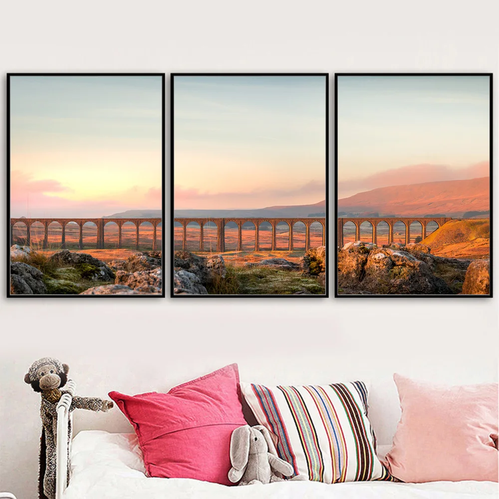 

Mountain Field Rail Bridge Landscape Wall Art Canvas Painting Nordic Posters and Prints Wall Pictures for Living Room Decoration