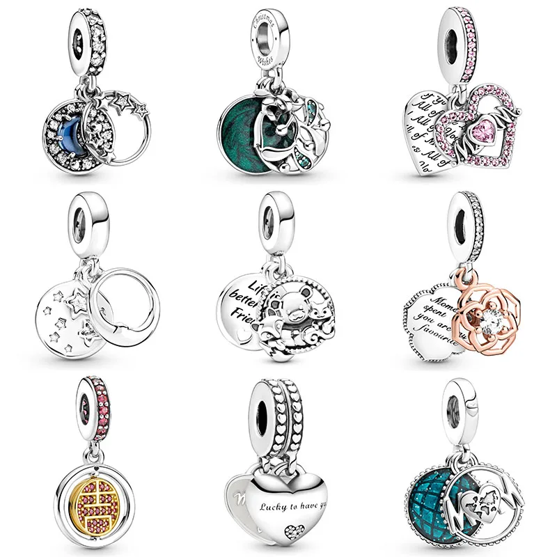 

925 Sterling Silver Rose Two-tone Rose Dangle Crystal Beads For Original Pandora Charms Women Bracelets Jewelry