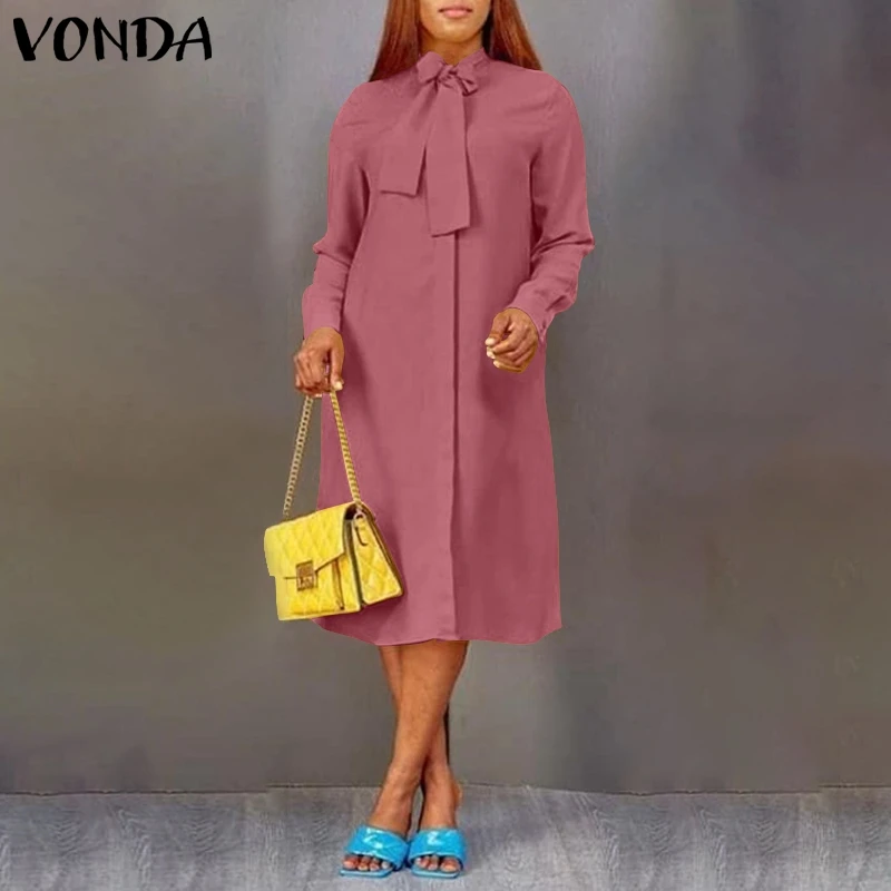 

Вечернее платье VONDA для женщин, винтажное платье с бантом, высоким воротником и длинным рукавом, Платья для вечеринок с отворотом, Повседнев...