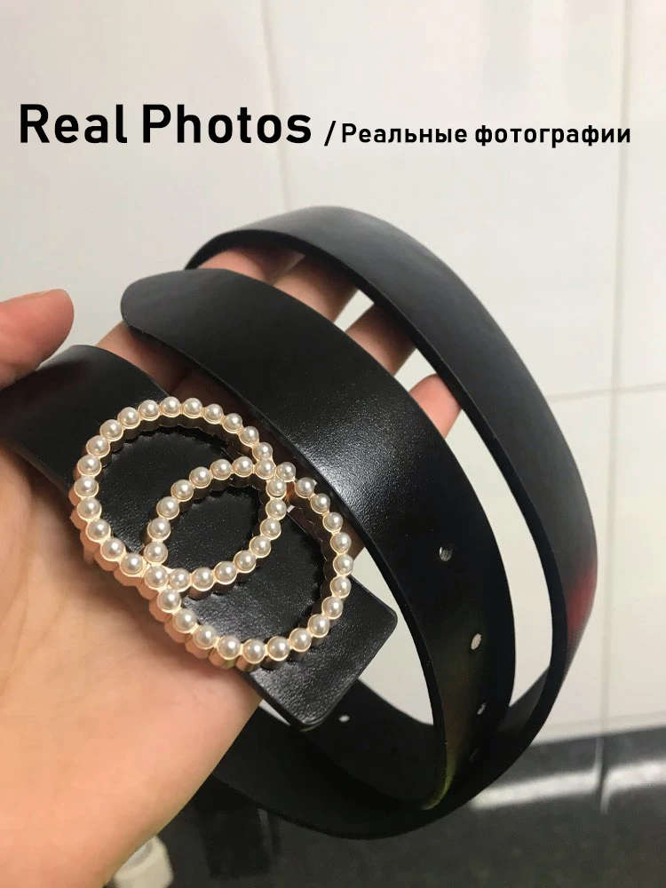 

Double Inlaid Pearl Belts for Women Female Luxury Brand Designer High Quality Thin Waistband Waist Strap for Jeans Dress Girls