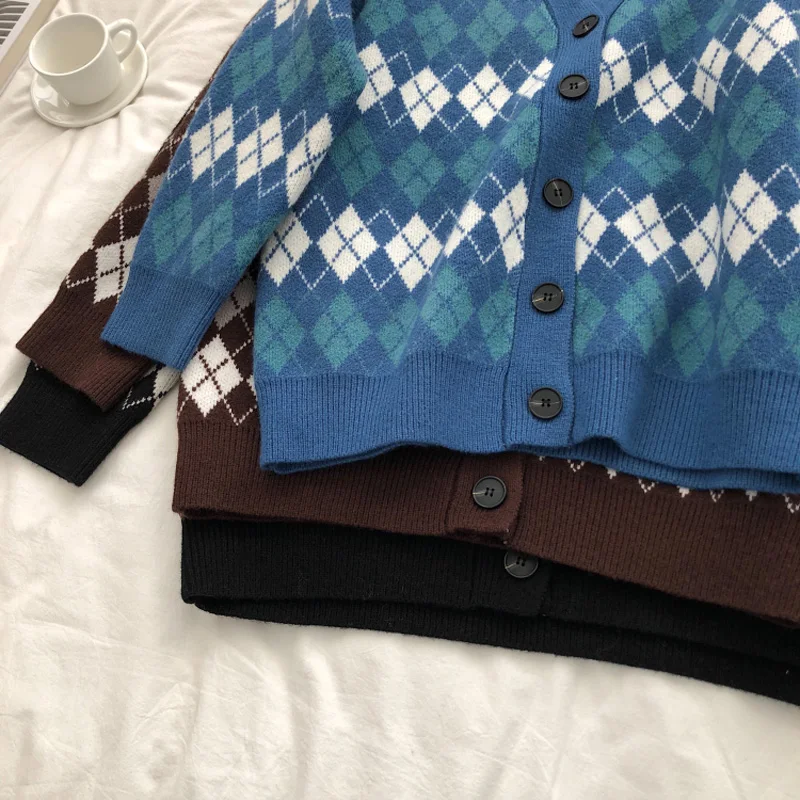 

Autumn and winter women's casual diamond plaid V-neck long-sleeved loose cardigan sweater