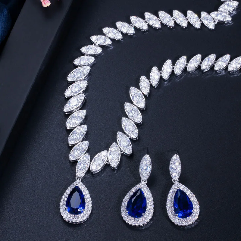 Royal Blue Pera CZ Роскошные аксессуары для невесты с кубическим цирконием, большой свадебный ювелирный набор для женщин J048 - Окраска металла: Royal Blue