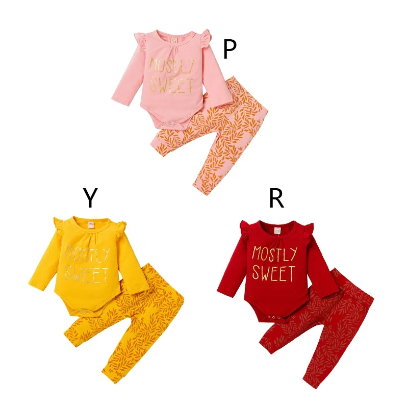 

2021 Autumn Baby Girls Clothing Set Cute Letter Pullover Flying Sleeve Rompers+Trousers 2Pcs Set 0-24M