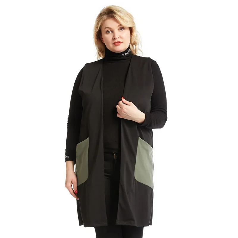 

2021 Spring New Plus Size Women Vest Coat Mid Long Sleeveless Big Pockets Ladies Tops Shirt 5XL