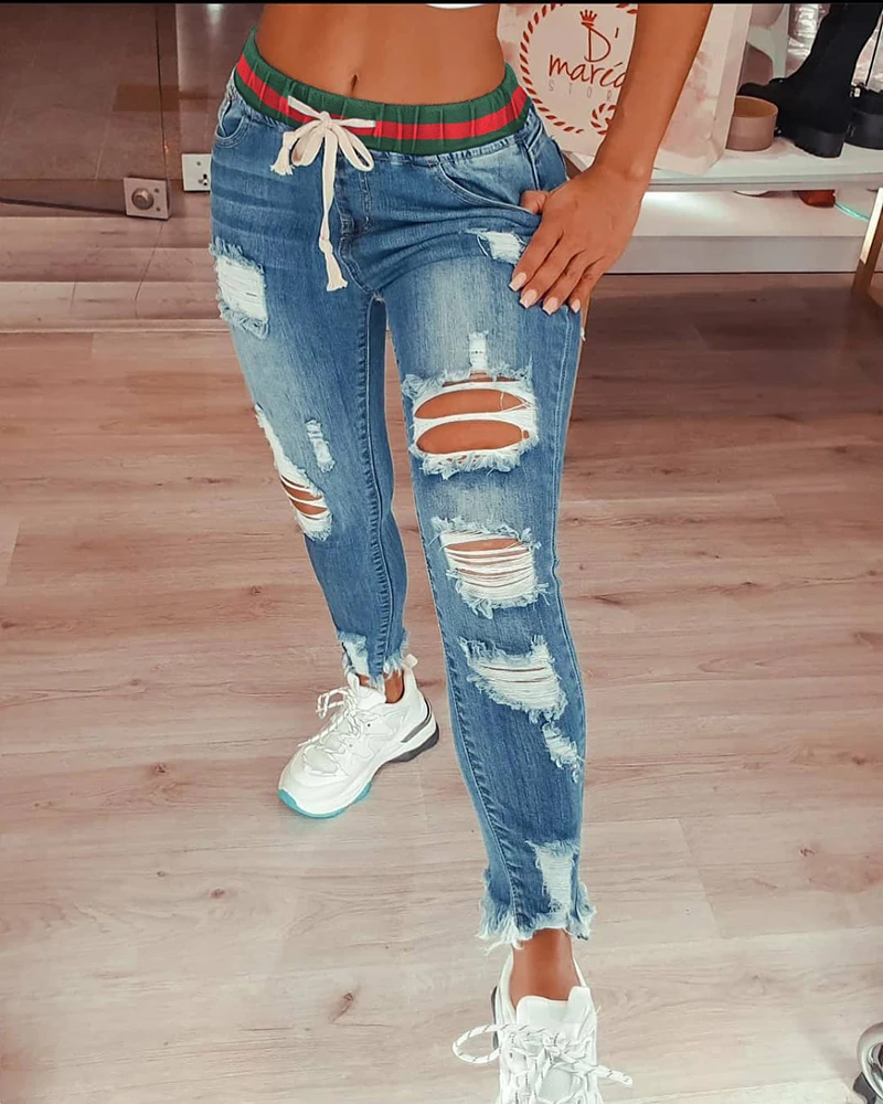 Women Spring Fall Solid Ripped Skinny Jean Pants Hollow-Out Denim Pants Femme Casual Wear Lady Sexy Pencil Skinny Trousers