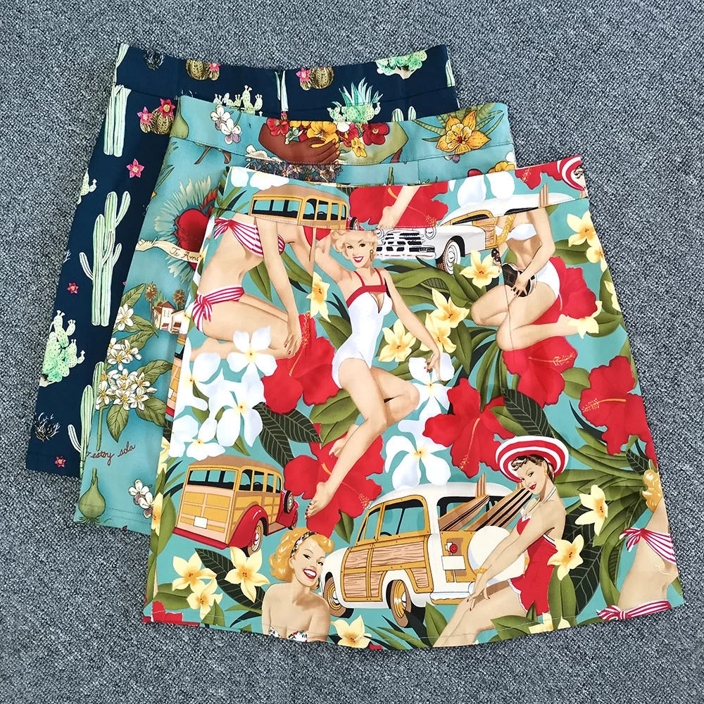 

Retro Vintage Mini Party Skirts High Waist Cotton A Line 2021 Summer Ladies Casual 50s Skater Club Party Casual Bohemian Jurk