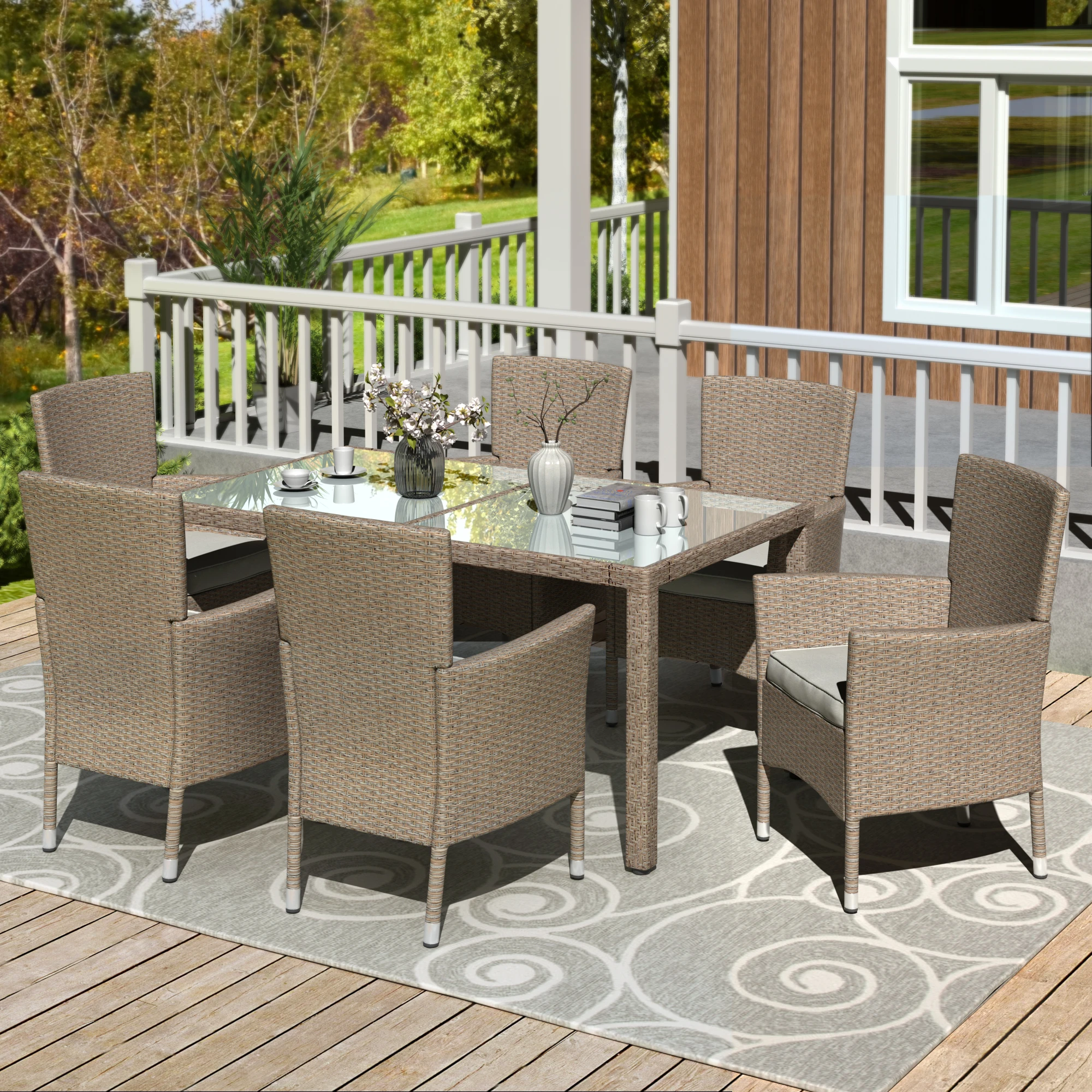 7 Piece Outdoor Patio Furniture Set 1 Table+6 Chairs Brown S