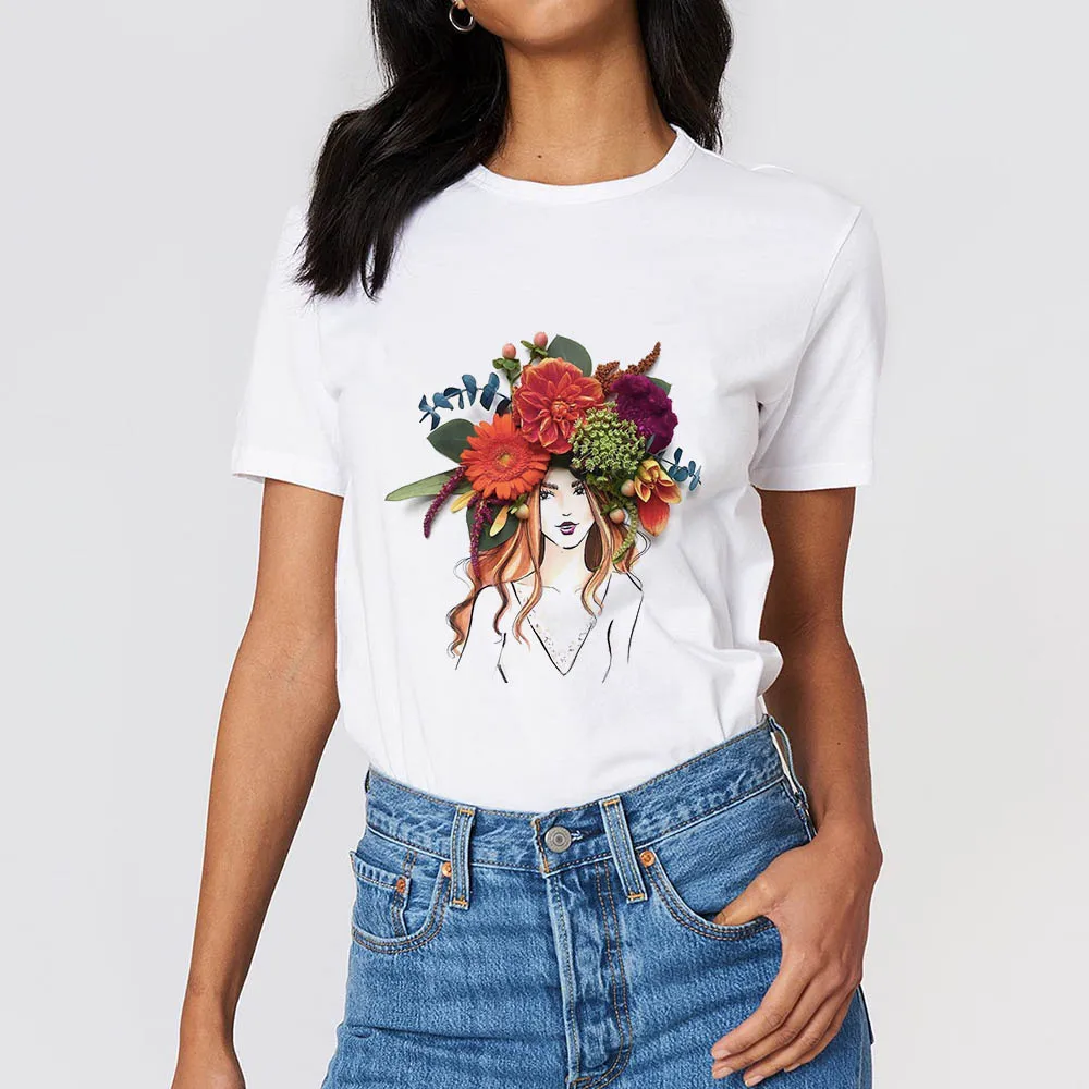 

T-shirts Female 2021 Fashion Harajuku Flower Print Casual vintage O-neck white Short Sleeve Summer Ladies tshirt Plus Size XXXL