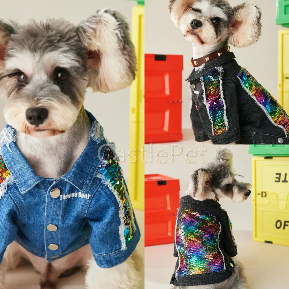 Джинсовая куртка с блестками для собак Тедди шнауцер пудель мопс Одежда питомцев