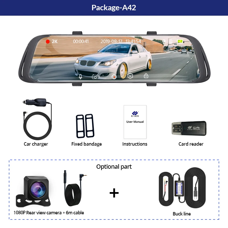 Зеркало-видеорегистратор с 10-дюймовым сенсорным экраном и камерой заднего вида