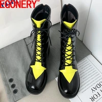 egonery patent leather womens shoes yellow blue arrow pattern lacing women boots wide leg round toe mid calf boots plus size