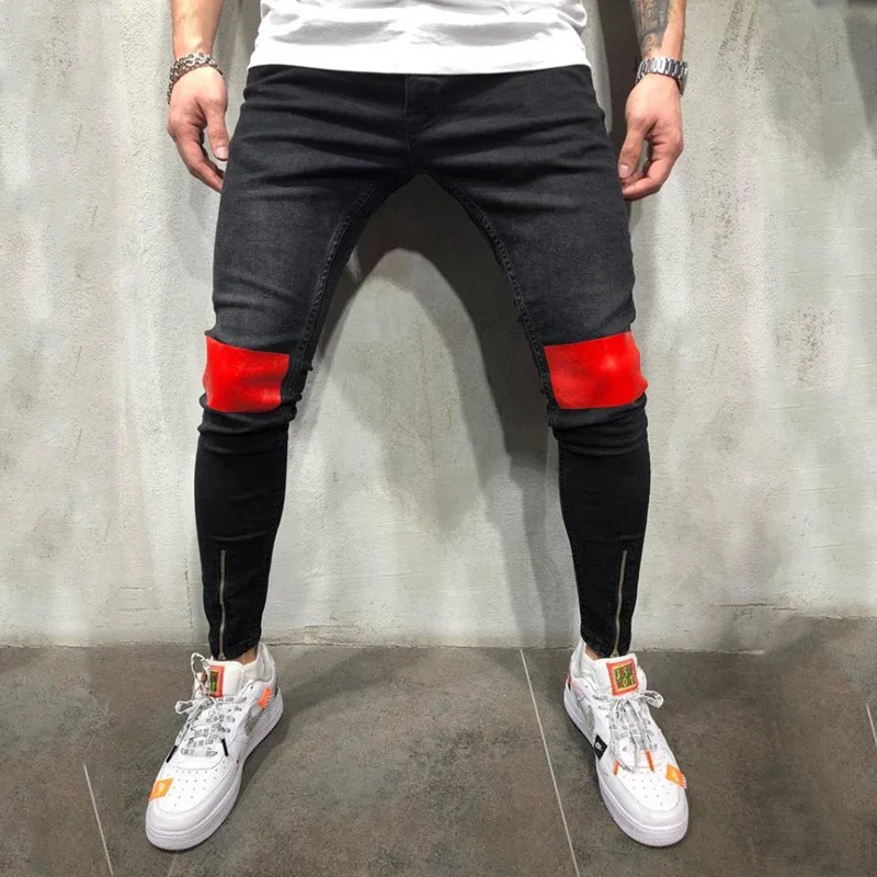 

Men casual jeans autumn and winter new fashion washed distressed straight jeans men color patchwork denim pants pencil pants