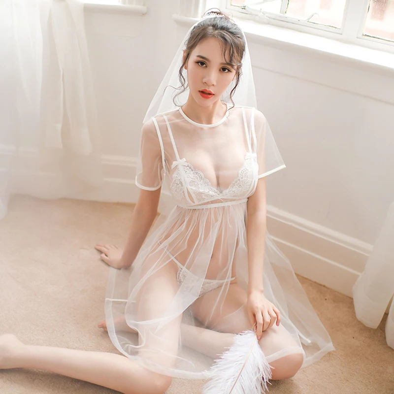 Women Bridal Cosplay Lingerie Set with Tulle See Through Cover-up Sexy Cup-split Exotic Underwear Bride Nightie | Тематическая
