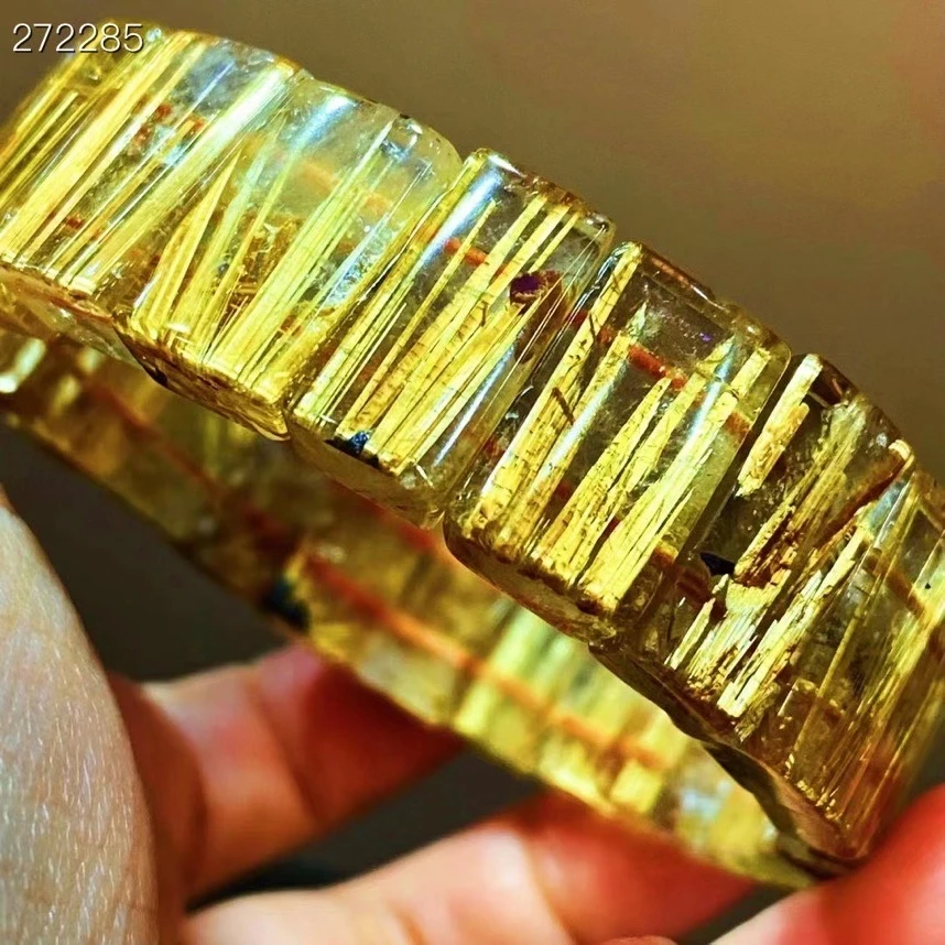 

Genuine Natural Gold Rutilated Quartz Bracelet Bangle Brazil Woman Men 17.4x8.7x6mm Clear Rectangle Beads Wealthy AAAAAA