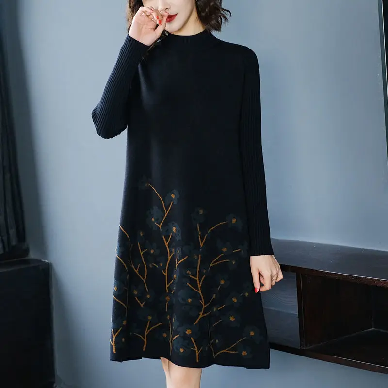 

2021 New Autumn Winter Sweater Dress Women O-neck Pullover Sweater Loose Long Sleeves Women's Printing Bottom Knit Dress Y511