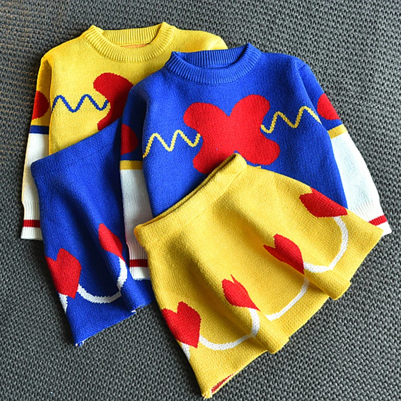 

Вязаный свитер для девочек на осень и зиму, детский модный разноцветный топ с милой любовной юбкой, 2 предмета, одежда для маленьких принцесс