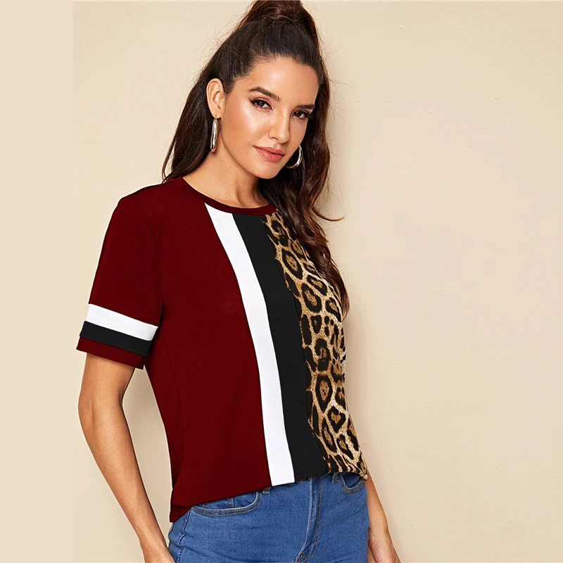 SHEIN Color Block Cut-and-Sew Leopard Panel Top Short Sleeve O-Neck Casual T Shirt Women Summer Leisure Ladies Tshirt Tops
