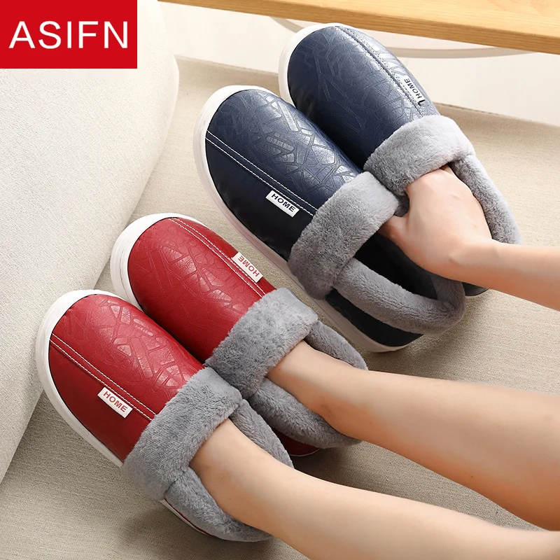 

ASIFN Men Winter Slippers Women Home Indoor PU Leather Waterproof Warm Home Fur Couples Platform Shoes Fluffy Cotton Slippers