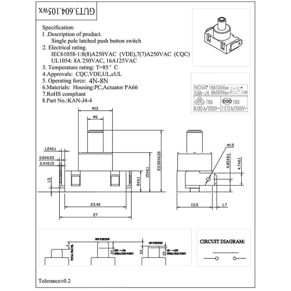 Сменный переключатель KAN-J4 2-контактный кнопочный 16A125V/ 8A250V 4N-8N