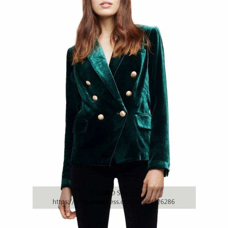 

2021Green Double Breasted Velvet Blazer Women Elegant Stylish Female Blazer Long Sleeve Jacket Woman Office Suit Autumn Jacket