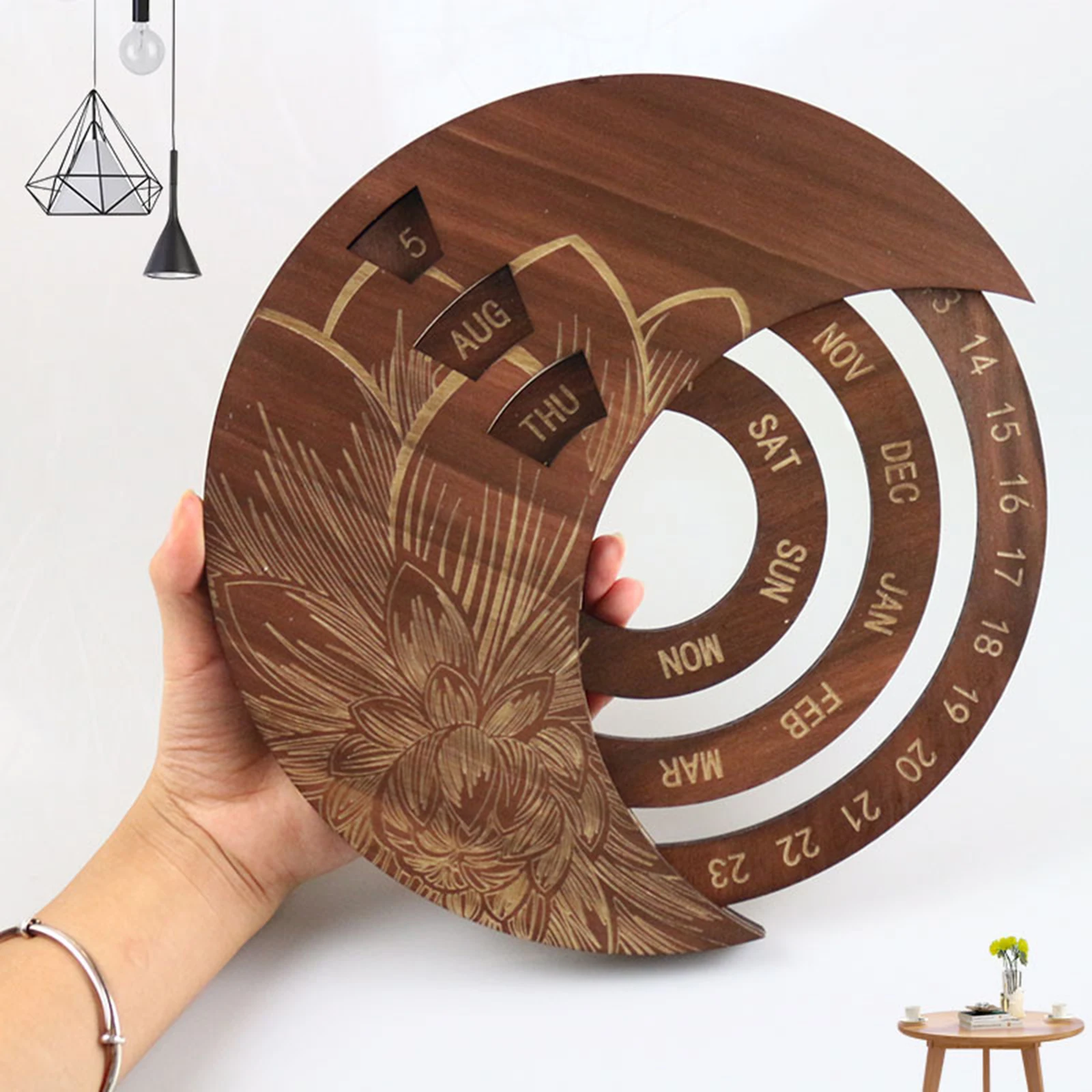 

Perpetual Wooden Calendar Circular Rotation Calendar Rustic Wall Mount Daily Calendar for Living Room Home School Office BOM666