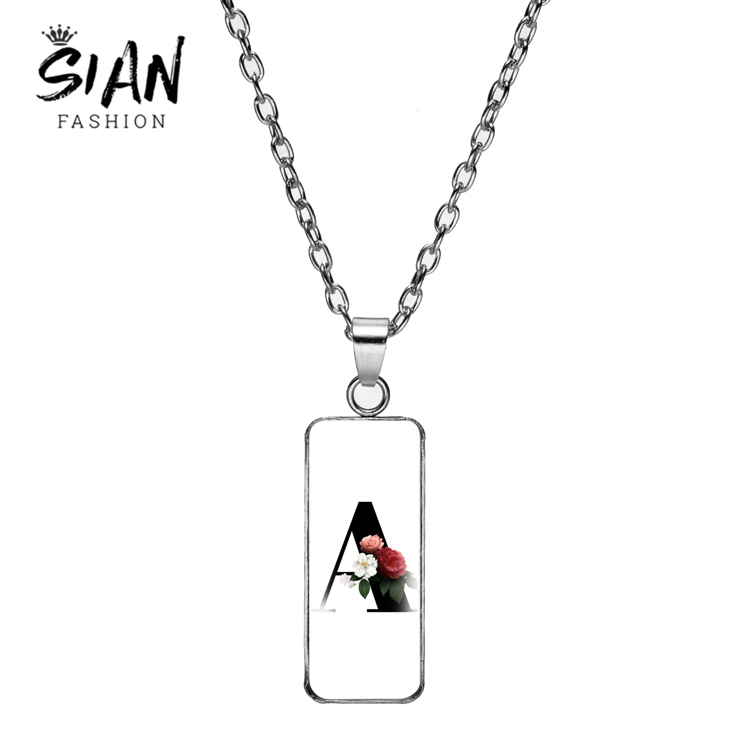 

26 Initial Letters A to Z Rectangle Necklace Alloy Alphabet Necklace Art Photo Glass Cabochon Unisex Decorations Jewelry Gifts