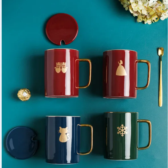 

Creative personality ceramic mack couple drinking water cup with cover spoon trend office network red hand gift box