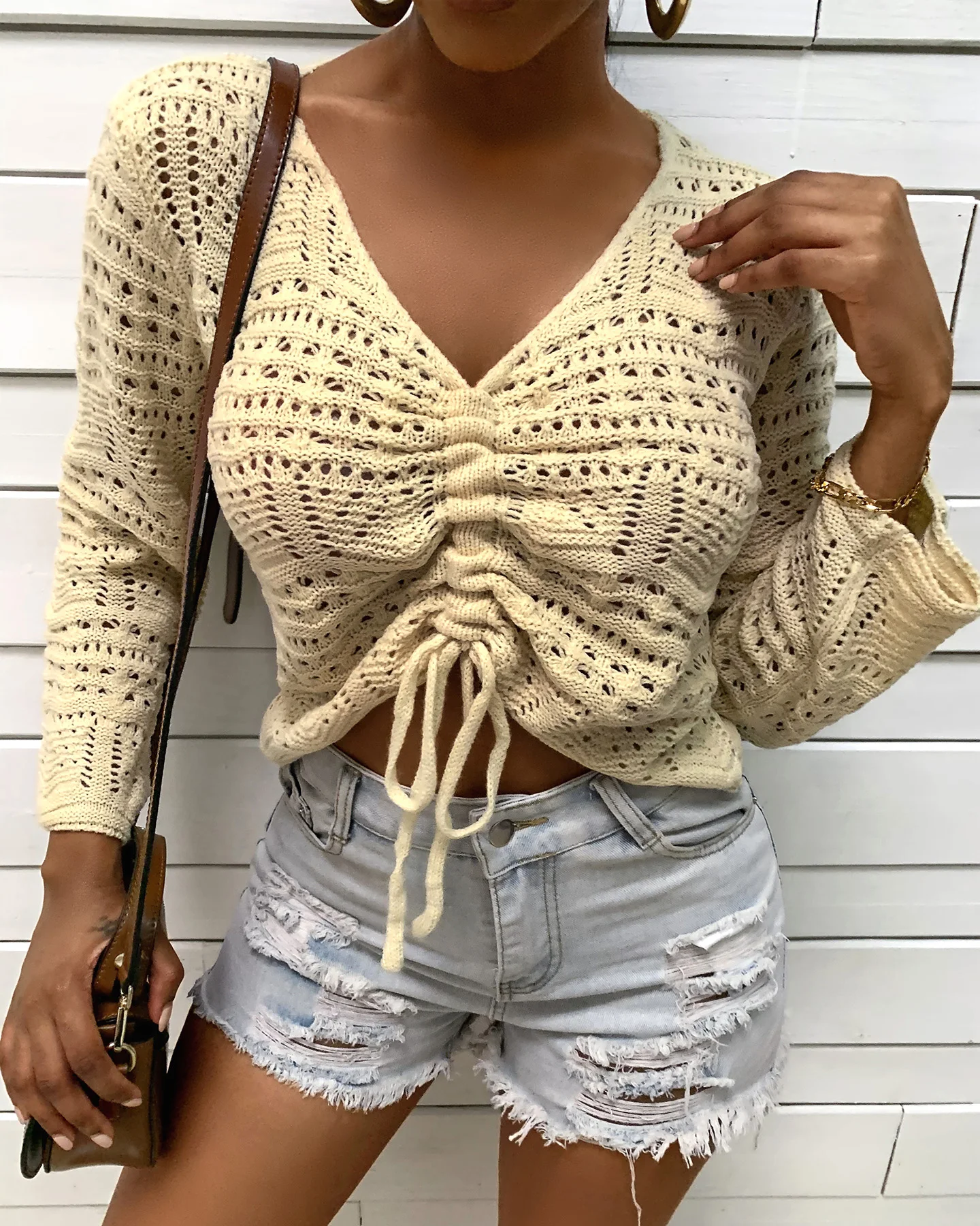 

2021 Fashionable Women's Blouse Women's Long Top Shirt Heart-shaped Pattern Solid Color Drawstring Ruched Knitted Sweater
