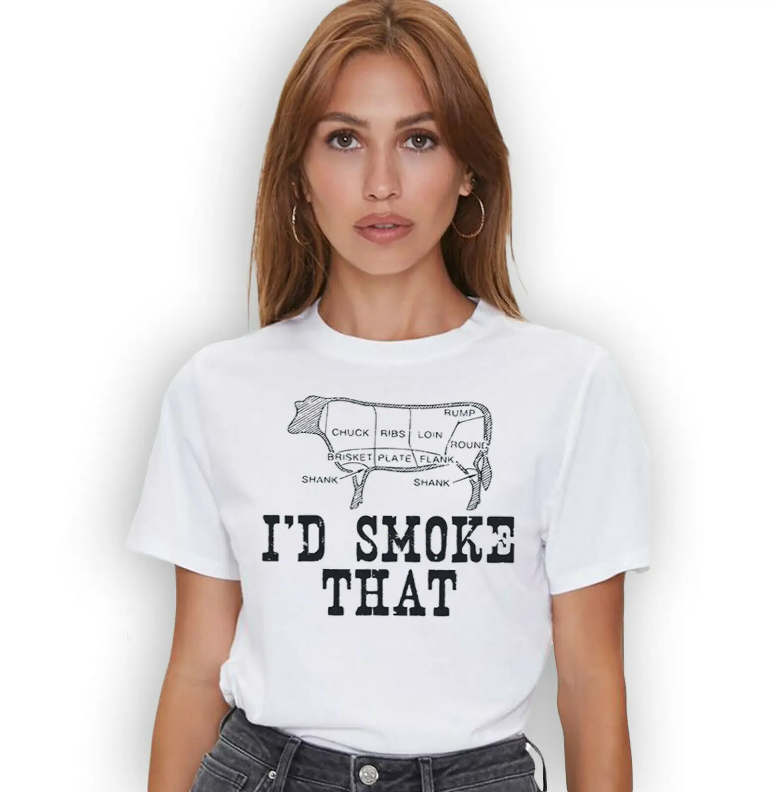 

Funny BBQ T-shirt, I'd Smoke That Cow BBQ Shirt for Grillmasters T-shirt Versatile O - Collar Four - Season Printed T-shirt