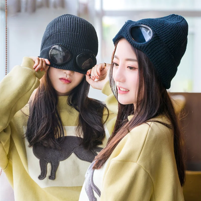 

Autumn and Winter Men and Women Windproof Goggles Plus Velvet Ski Hat European and American Knitted Warm Woolen Thread Hat
