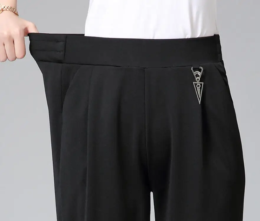 

Women Elegant Cropped Pant Black Khaki High Elastic Waist Straight Trouser Female Thin Fabric Crop Bottom Plus Size s1129