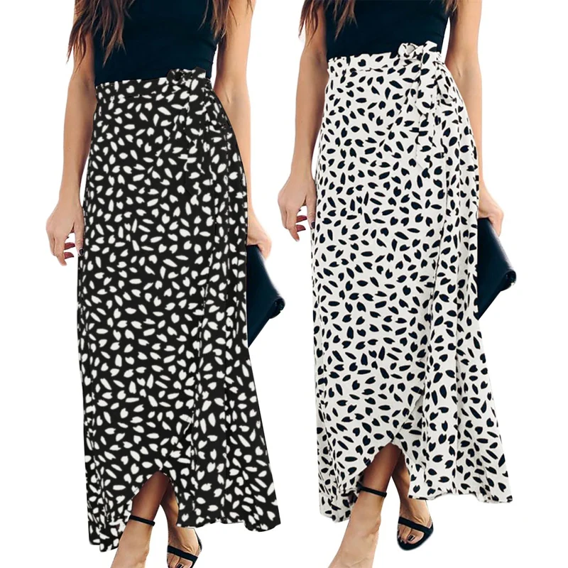 

2PCS Summer Skirt Women Polka Dot Print Long Maxi Split High Waist A-Line Knee Length Sun Wrap Skirt, Black XL & White M