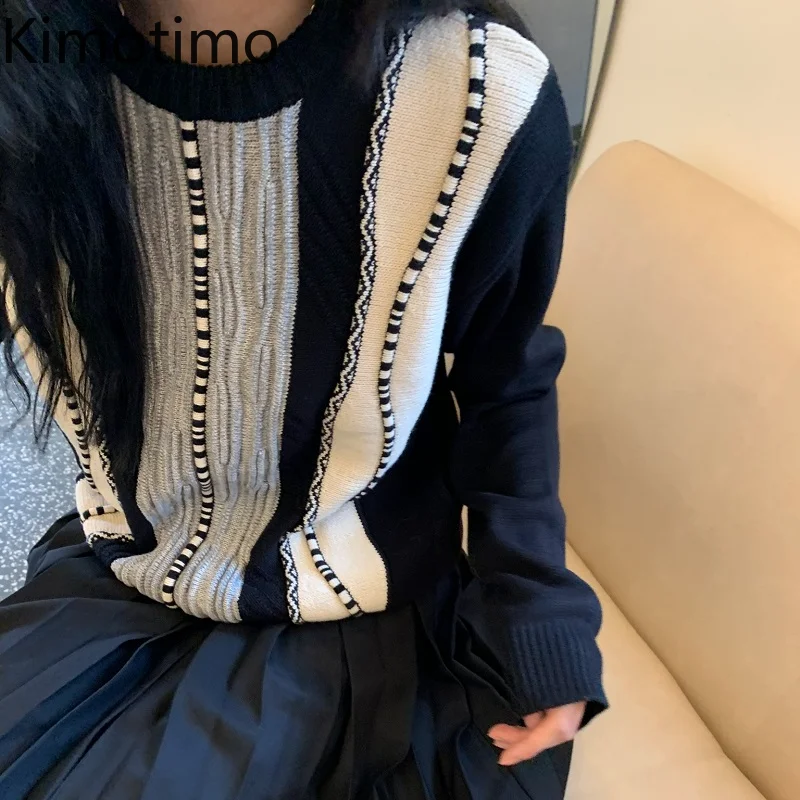 

Kimotimo Design Pullover Women Autumn Winter New Irregular Spliced Striped Sweater Korean Ins Loose Long Sleeve Vintage Sweaters