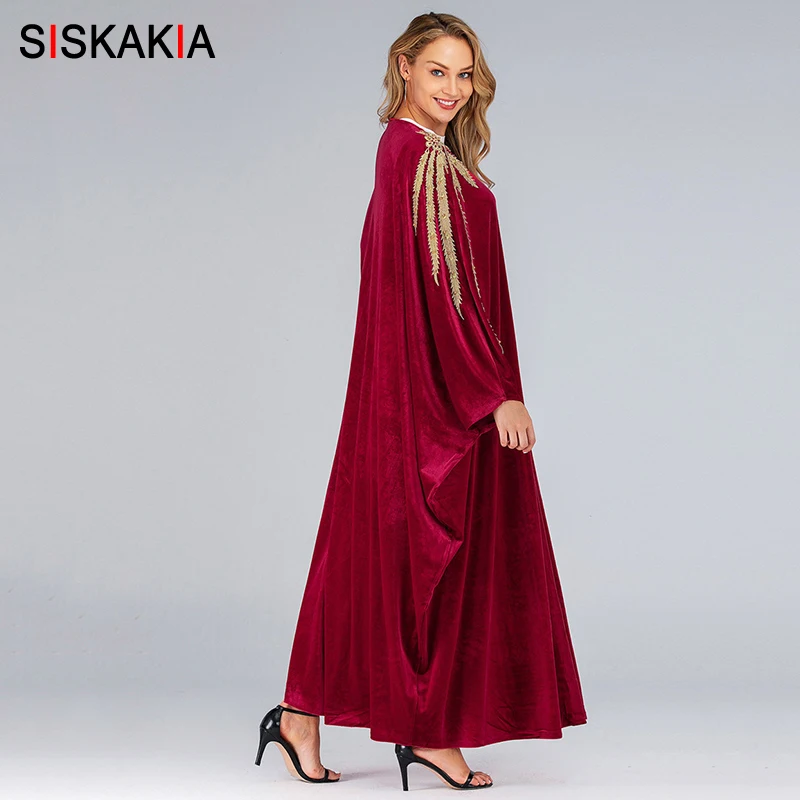 Siskakia, женские халаты в форме летучей мыши, модные мусульманские, открытые, Абая, бархат, золотые листья, вышивка, большие, арабские, дубайские кимоно
