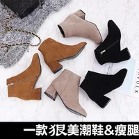 new autumn winter fashion pointed frosted suede side zipper thick heel short boots mid heel ankle boot plus size womens pumps