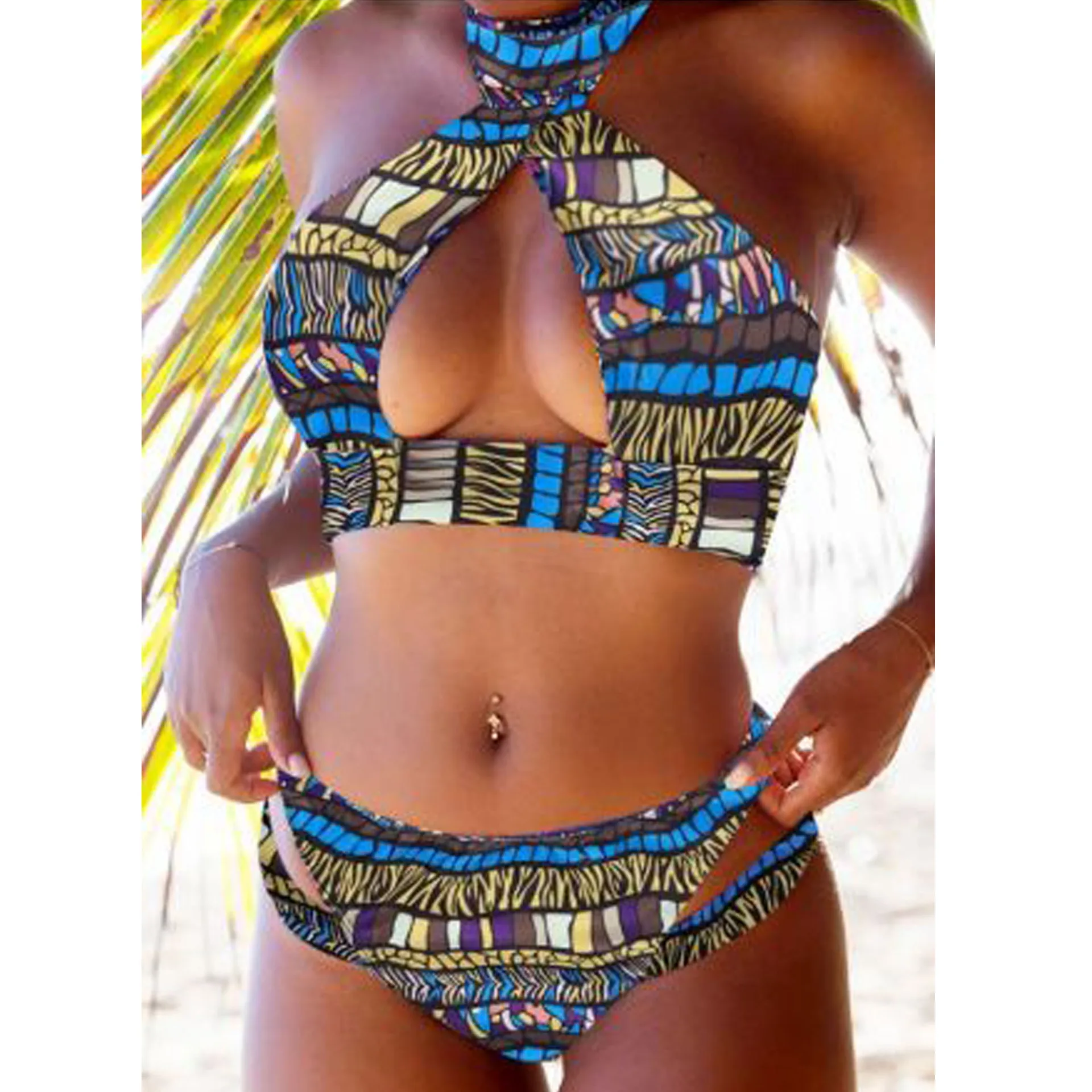 

2021 Bikini Mujer Women Colorful Striped Print Halter Push Up Bandeau Bikini Set Two Piece Swimsuits Beachwewar Biquini Monokini