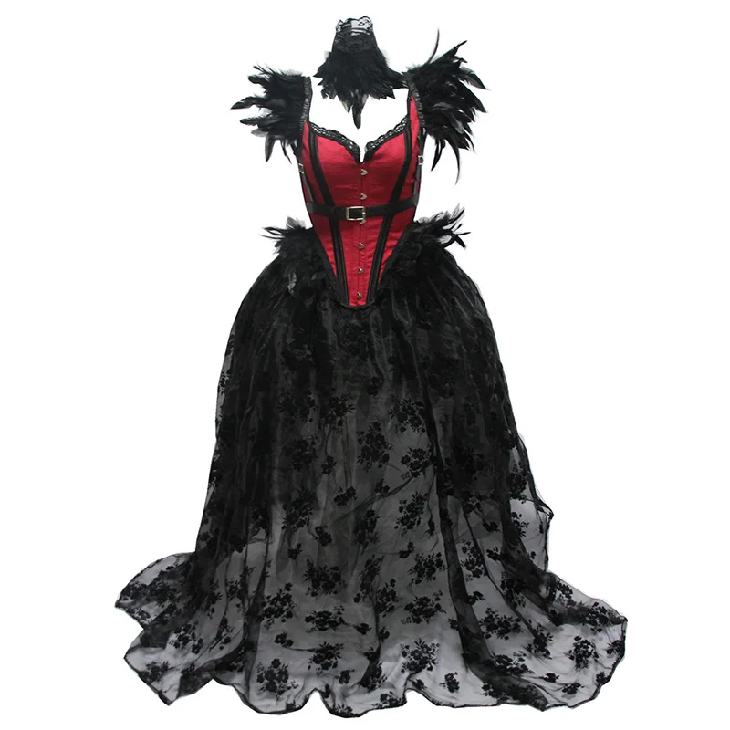 Красный и черный перья сексуальное платье Бюстье Бурлеск корсет юбка комплект