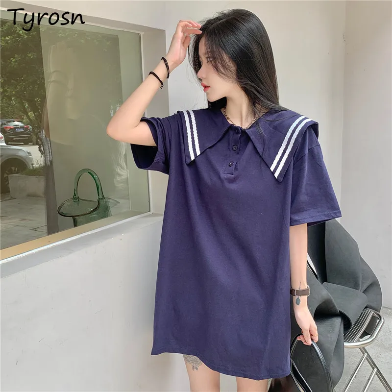 

Женские платья с коротким рукавом и матросским воротником, простая модная свободная уличная одежда для отдыха, милый темперамент в японско...