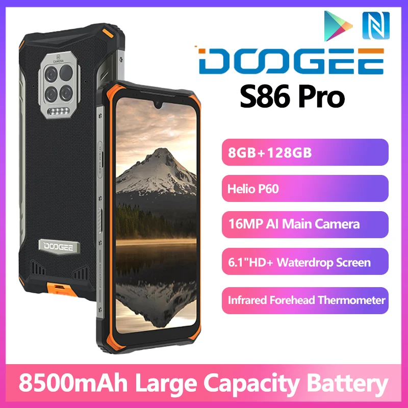 

DOOGEE S86 Pro Rugged Smart Phone 8GB+128GB 6.1"HD+Screen Helio P60 Octa Core 8500mAh Battery Infrared Thermometer Mobile Phone