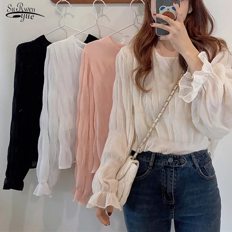 

Blusas Mujer; Сезон весна-осень; Новинка; Корейская Свободная рубашка с длинными рукавами и круглым вырезом элегантные блузки Женские однотонные ...